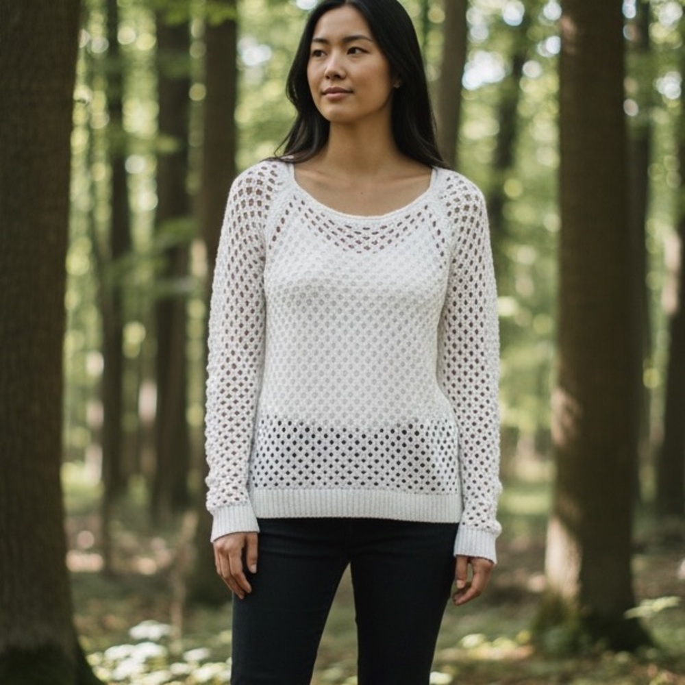 LOFT White Open Knit Sweater XS Crochet Cottagecore Gorpcore Sheer Scalloped
